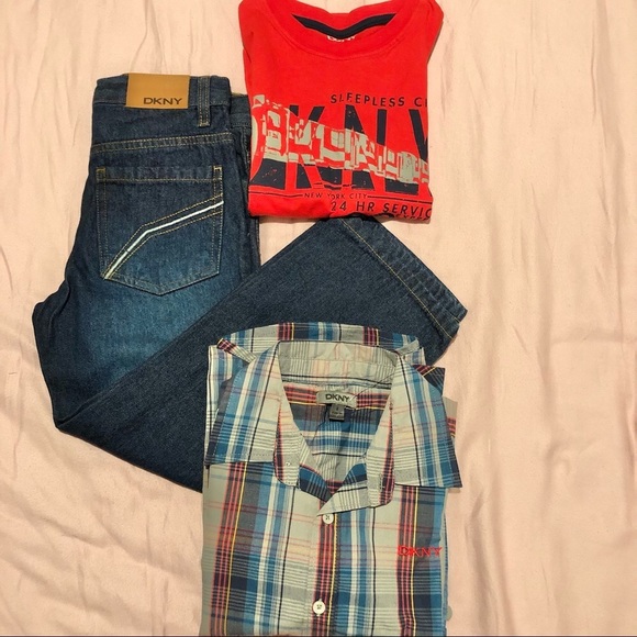 Dkny Other - DKNY 3 Piece Set Dark Blue Jeans, Red T-Shirt Long Sleeve Shirt Size 6 Boys